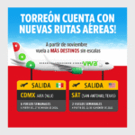Confirman fechas para los vuelos Torreón–AIFA y Torreón–San Antonio