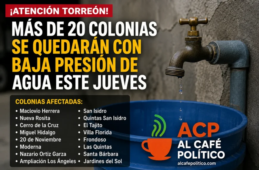 Prepárate: anuncian baja presión de agua en Torreón por mantenimiento de infraestructura federal